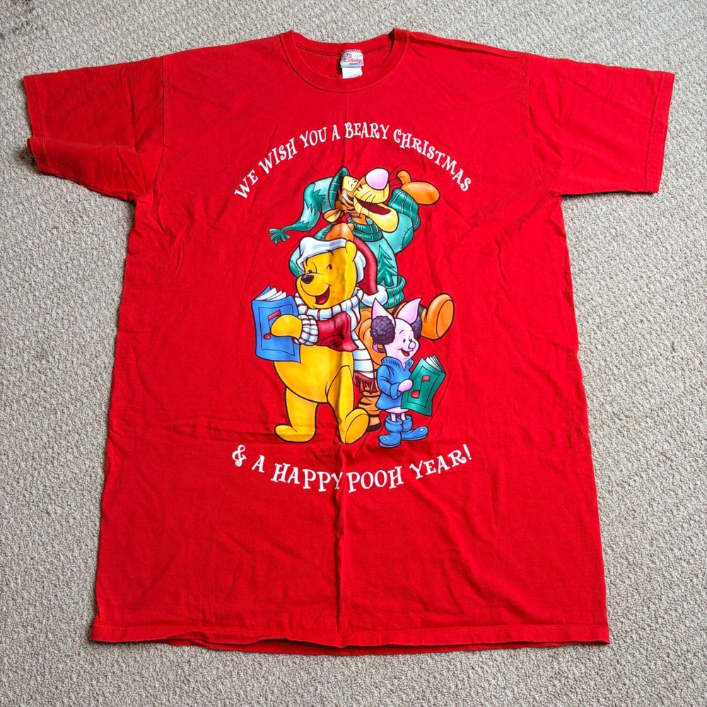 Vintage Disney Store Winnie the Pooh Christmas T-Shirt Red One Size Caroling